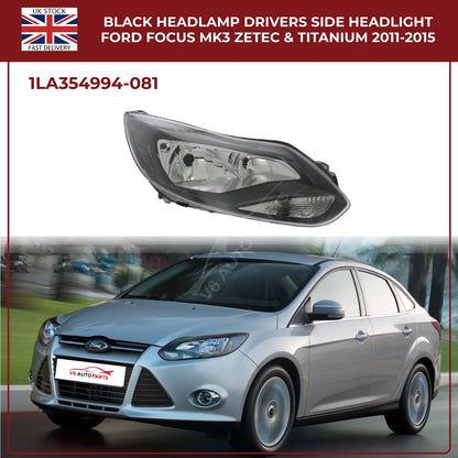 Ford Focus Mk3 Headlight Black Halogen Assembly (Driver Side, Zetec & Titanium 2011–2015)