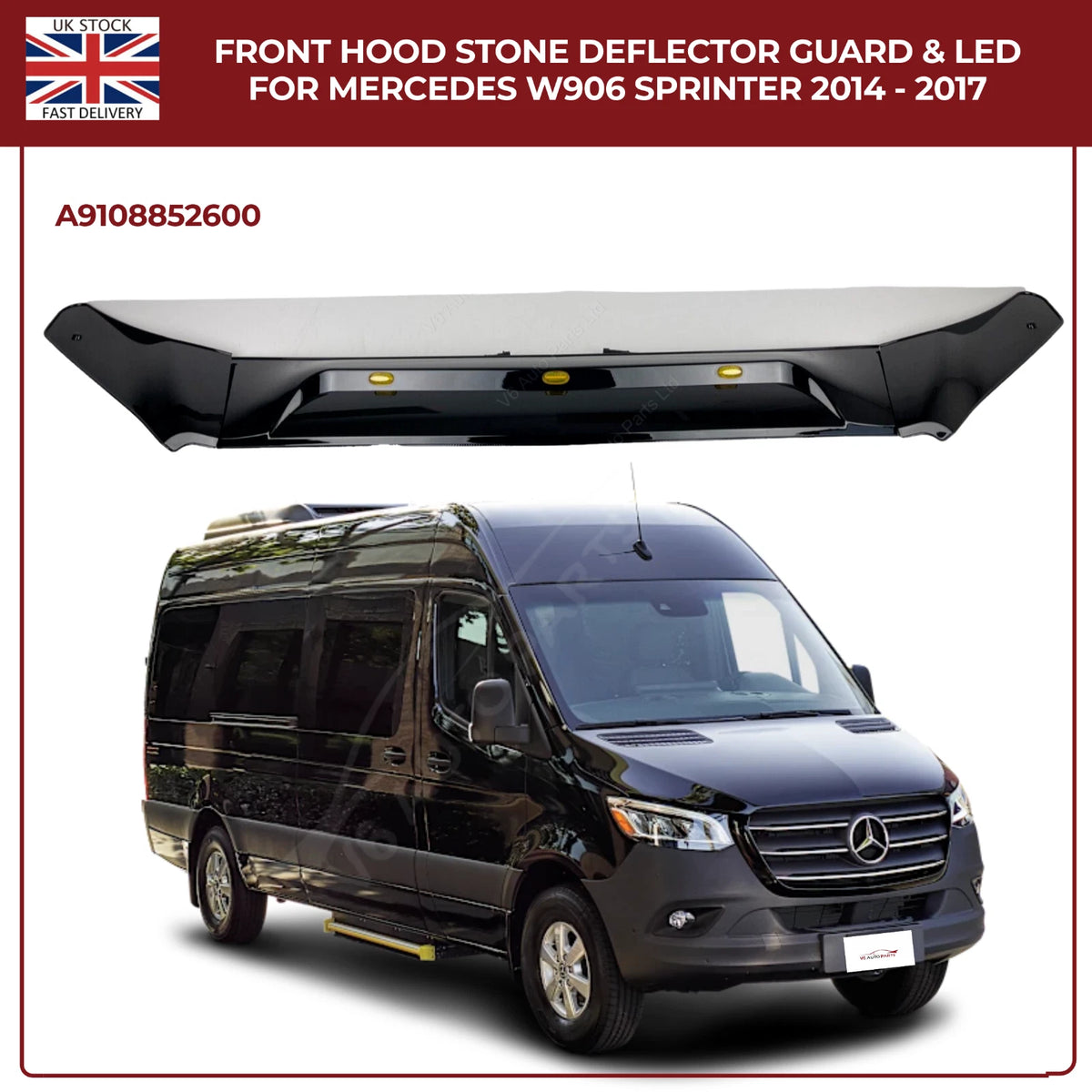 Mercedes Sprinter W906 2014–2018 Bonnet Hood Black Stone Deflector Guard With LED