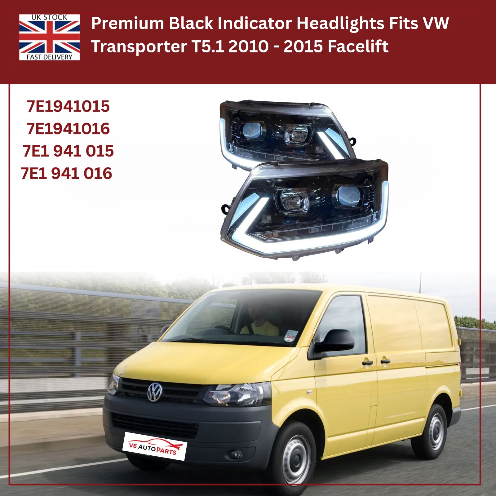 Black Dynamic LED Headlights with Sequential Indicators — VW Transporter T5 (2003‑2009, Facelift Models)