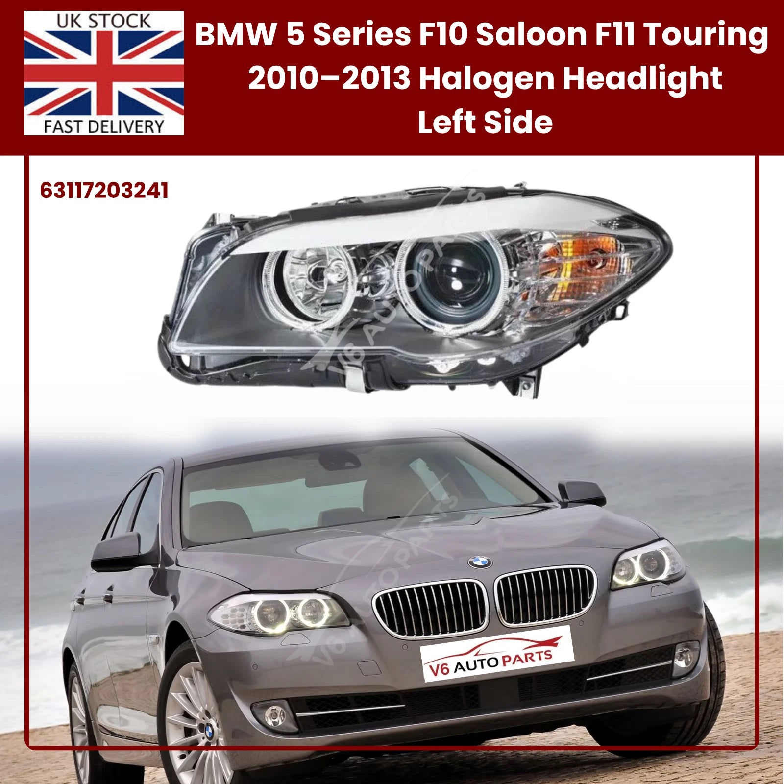 BMW 5 Series F10/F11 Headlight Left Passenger Side Halogen 2010–2013 (Black Housing)