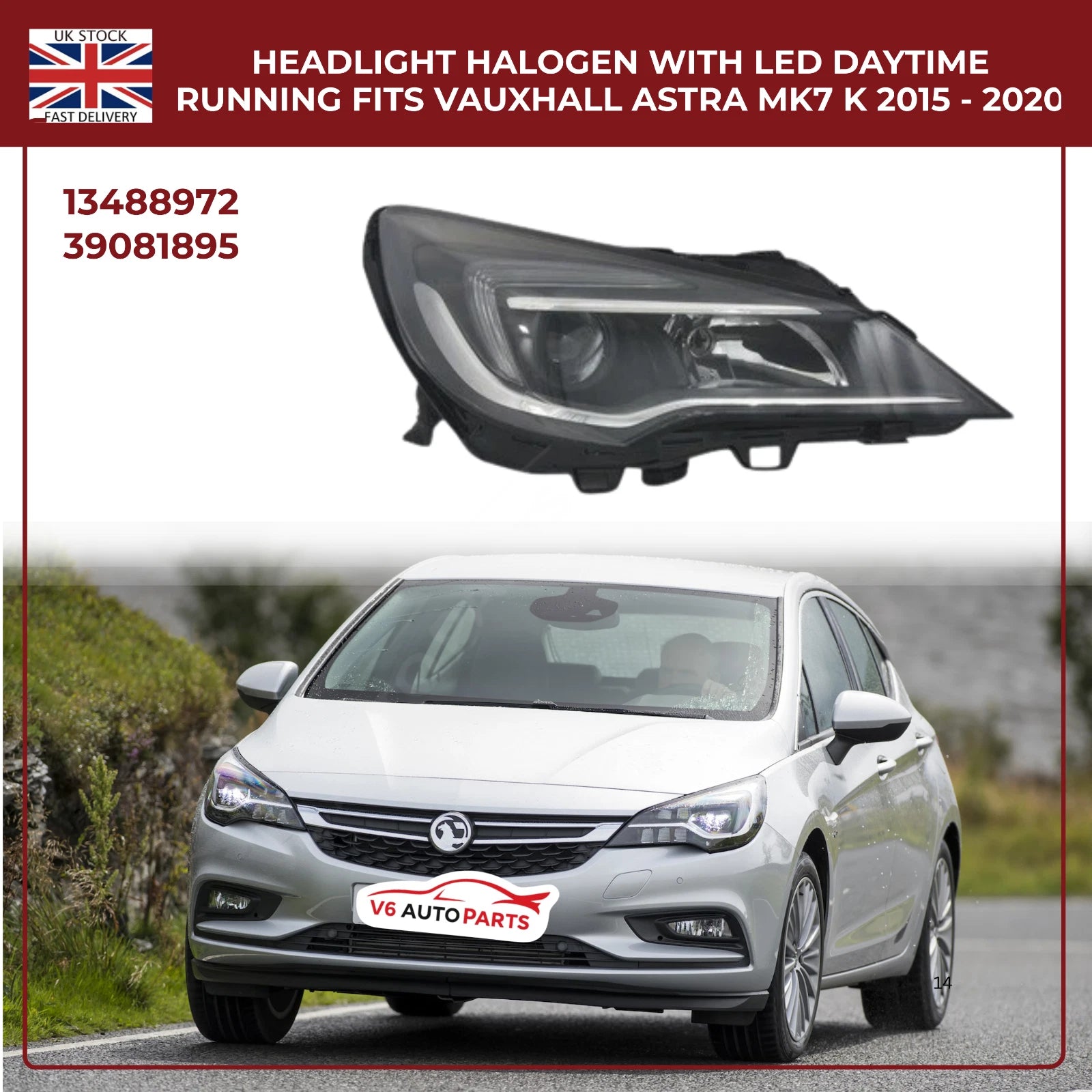 Vauxhall Astra Mk7 Headlight Halogen Black Inner (2015‑2020, Driver Side RHD)