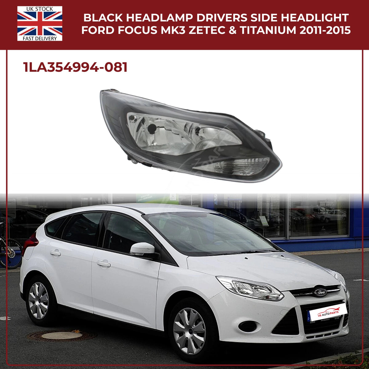 Ford Focus Mk3 Headlight Black Halogen Assembly (Driver Side, Zetec & Titanium 2011–2015)