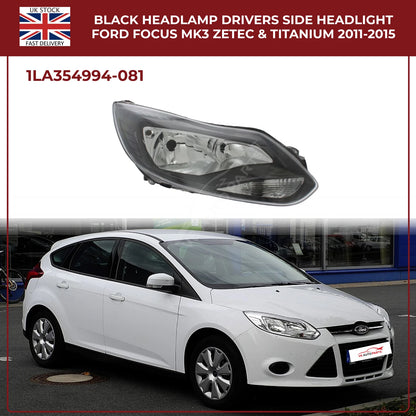 Ford Focus Mk3 Headlight Black Halogen Assembly (Driver Side, Zetec & Titanium 2011–2015)