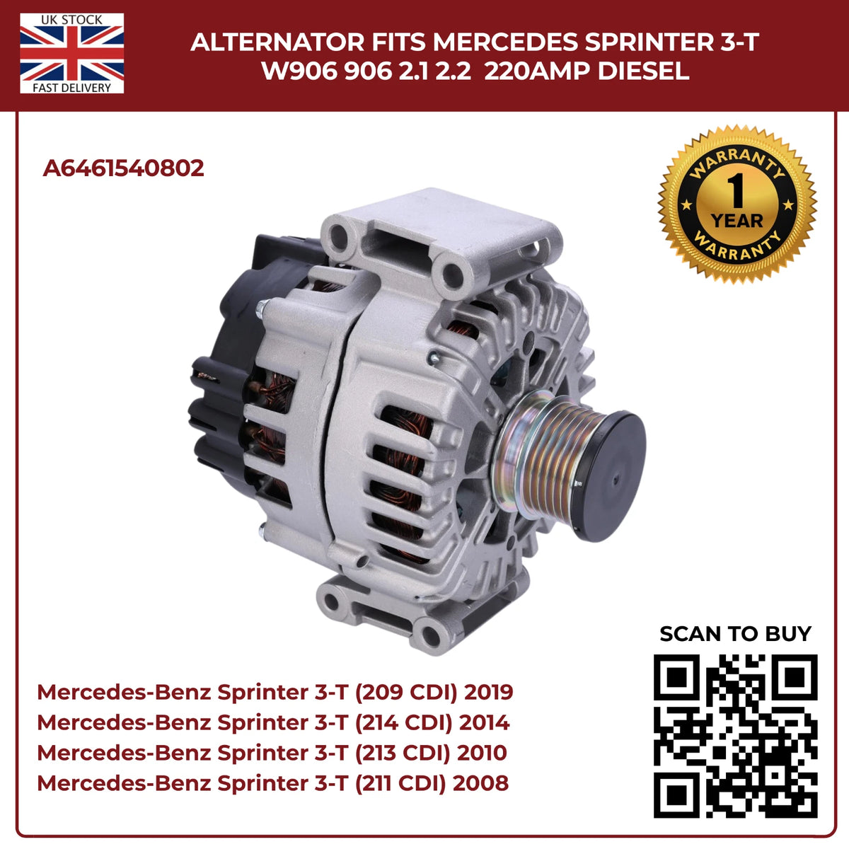 220AMP Alternator Fits Mercedes-Benz Sprinter W906 (2006–2018) 2.1L / 2.2L Diesel – OEM A6461540802 Replacement