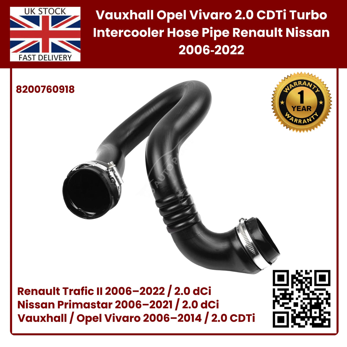 Image of 8200760918 turbo boost hose for Nissan Primastar 2.0 dCi