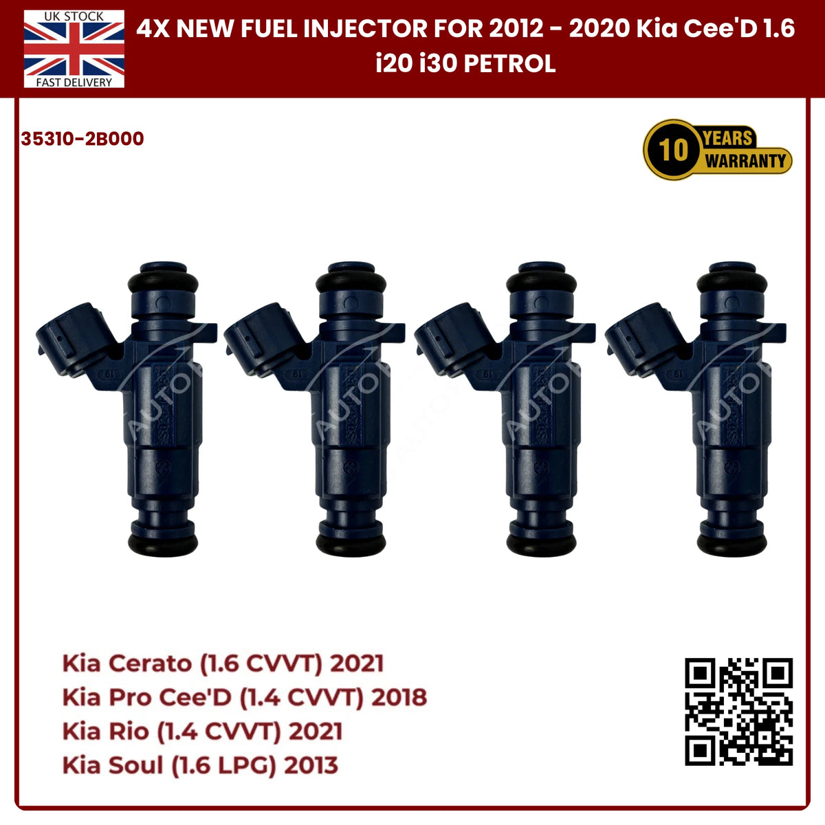 4x Fuel Injector 35310-2B000 | Fits Kia Cee’D, i20, i30 (2012–2020) 1.6 Petrol | OE Replacement
