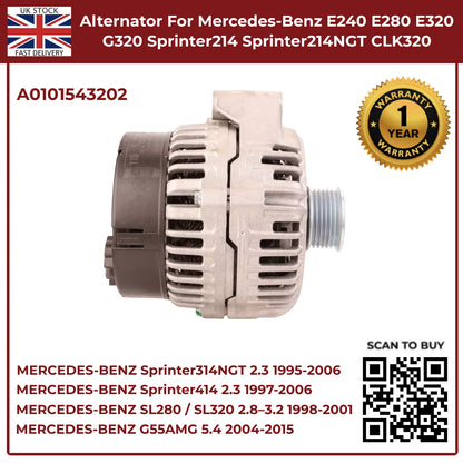 Mercedes-Benz Alternator A0101543202 – Fits E240, E280, E320, G320 (2.4 / 2.6 / 3.2 Petrol, 1995–2002)