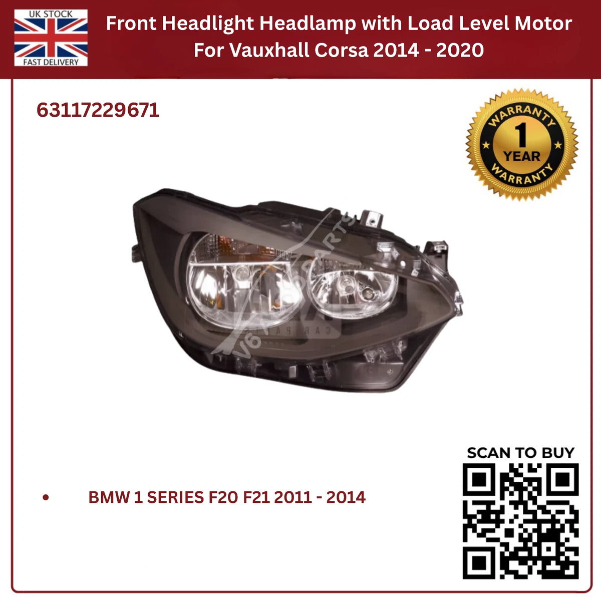 Image of BMW F20 F21 Chrome Front Right Headlight Assembly – 63117229671