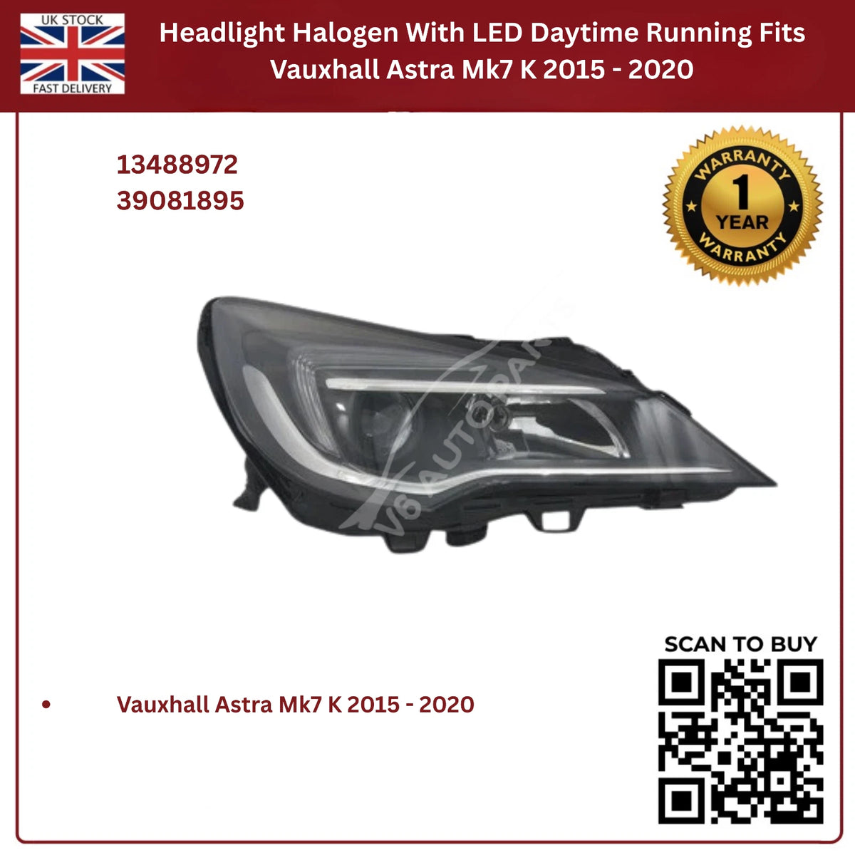Image of Vauxhall Astra Mk7 RHD Halogen Headlamp 2015–2020 – 13488972