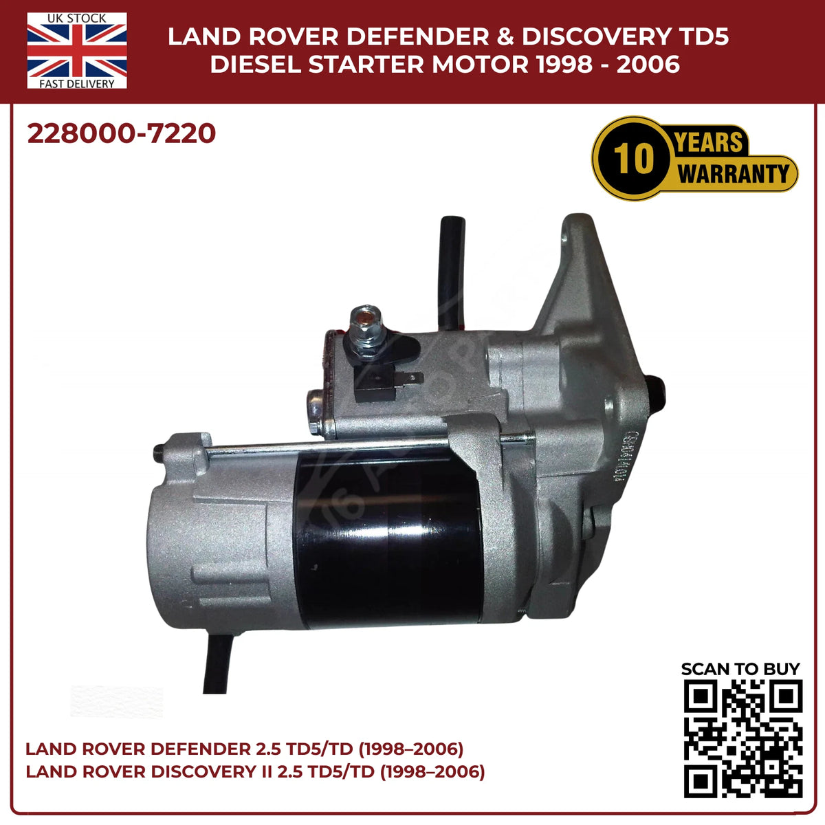 Land Rover Td5 Starter Motor 228000‑7220 | Defender & Discovery 2.5 Diesel 1998‑2006