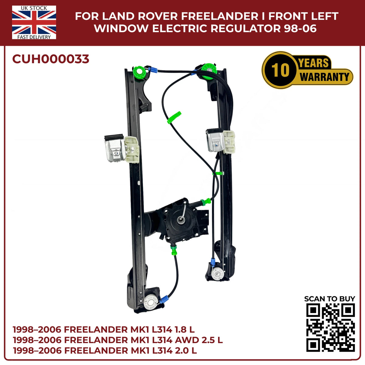 Land Rover Freelander Mk1 Front Left Window Regulator 1998–2006 CUH000033