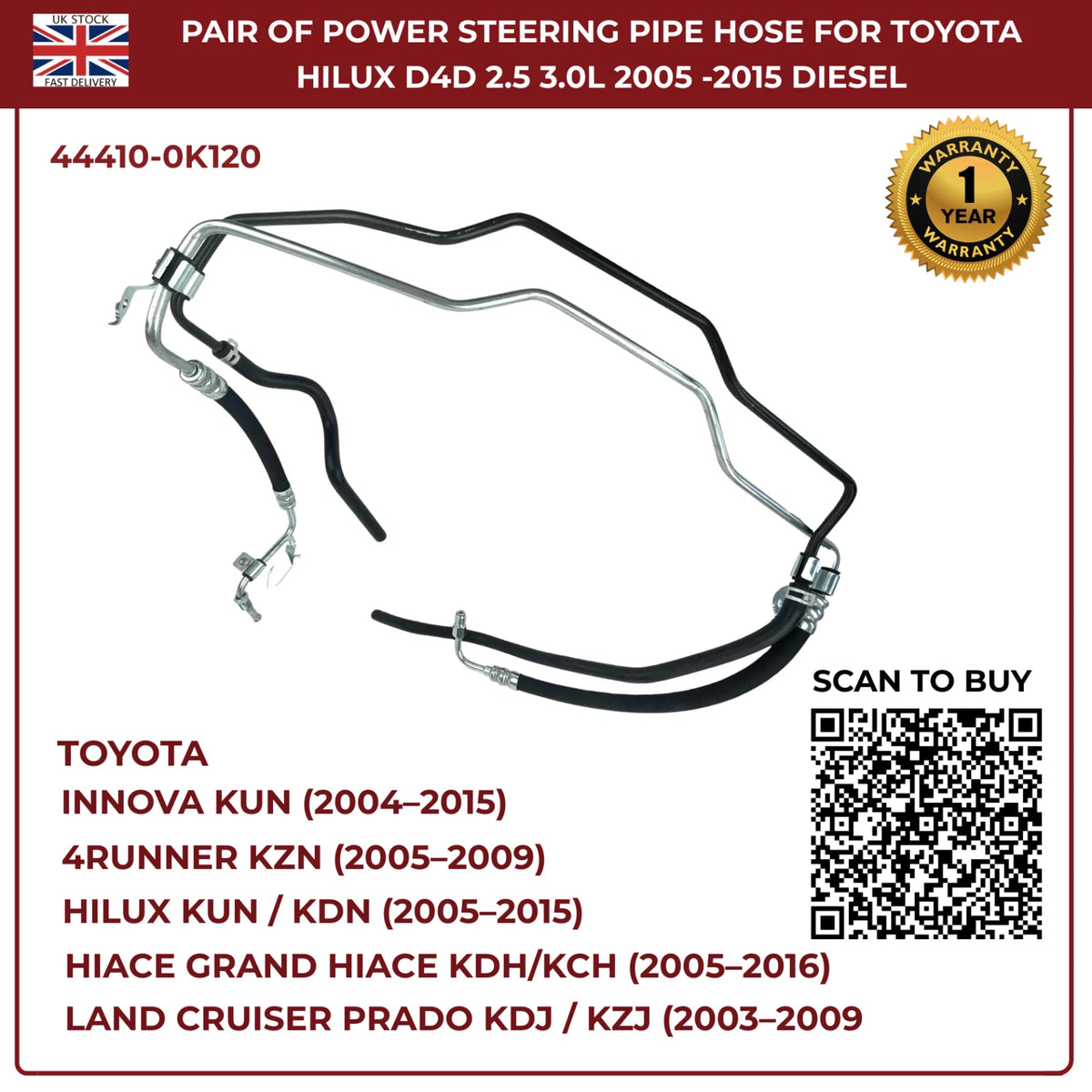 Image of Toyota Hilux diesel power steering supply pipe 44410-0K120, close-up view