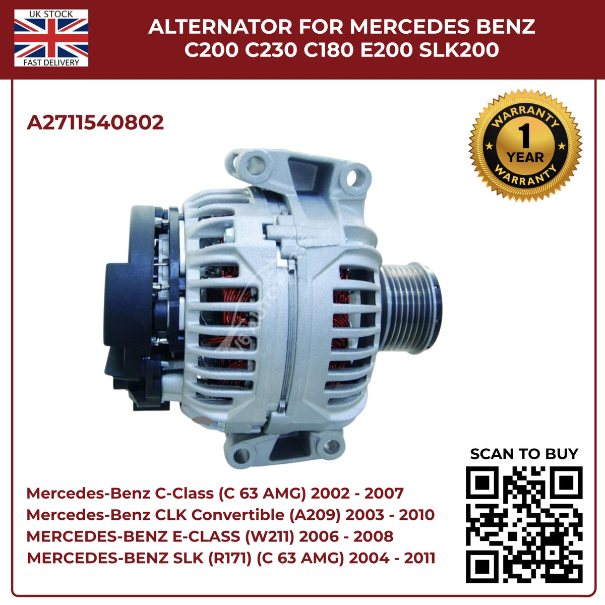 image of Mercedes-Benz C200 Engine Alternator A2711540802