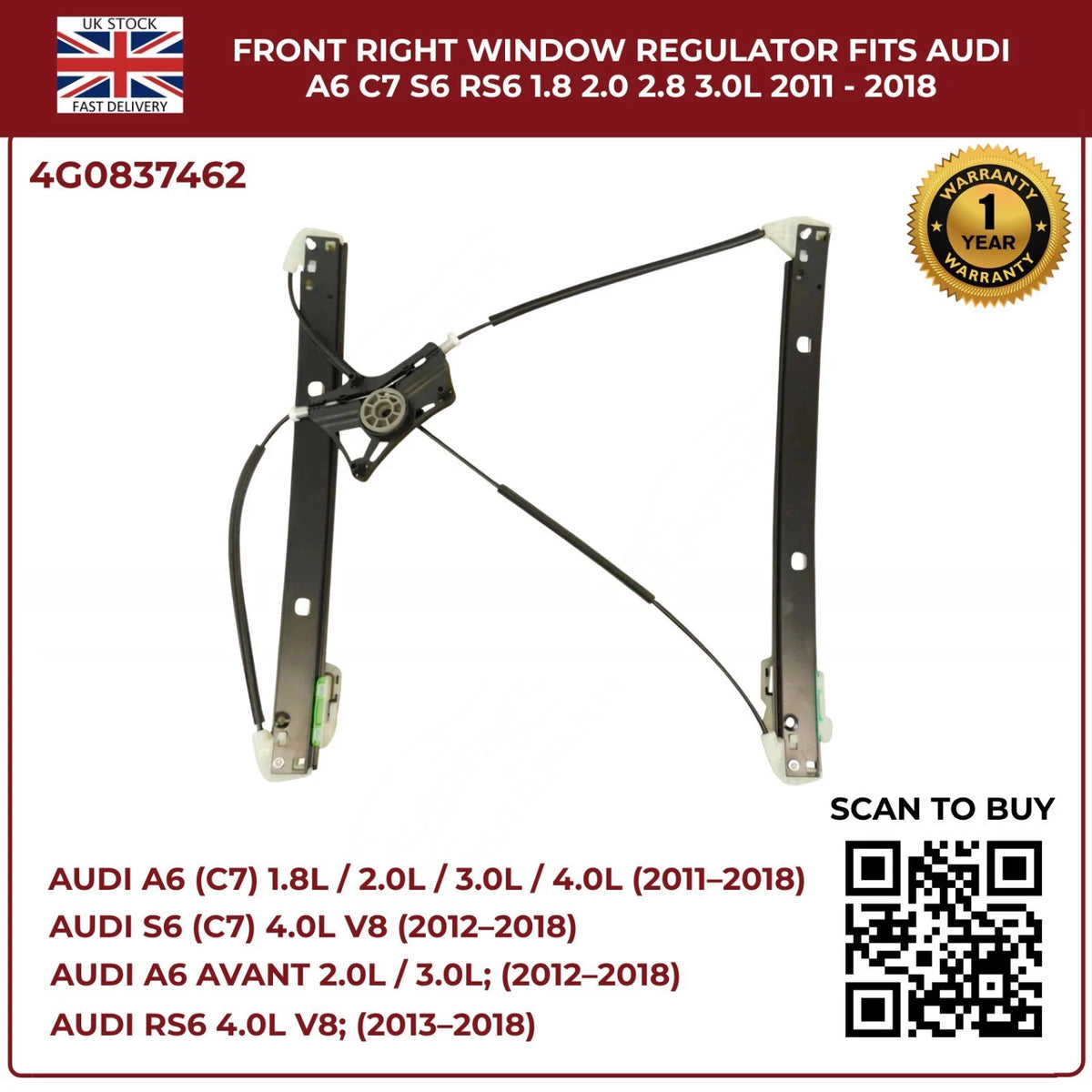 Front Right Electric Window Regulator – Audi A6 C7 / S6 / RS6 (2011–2018) – Fits 1.8L, 2.0L, 2.8L, 3.0L Engines