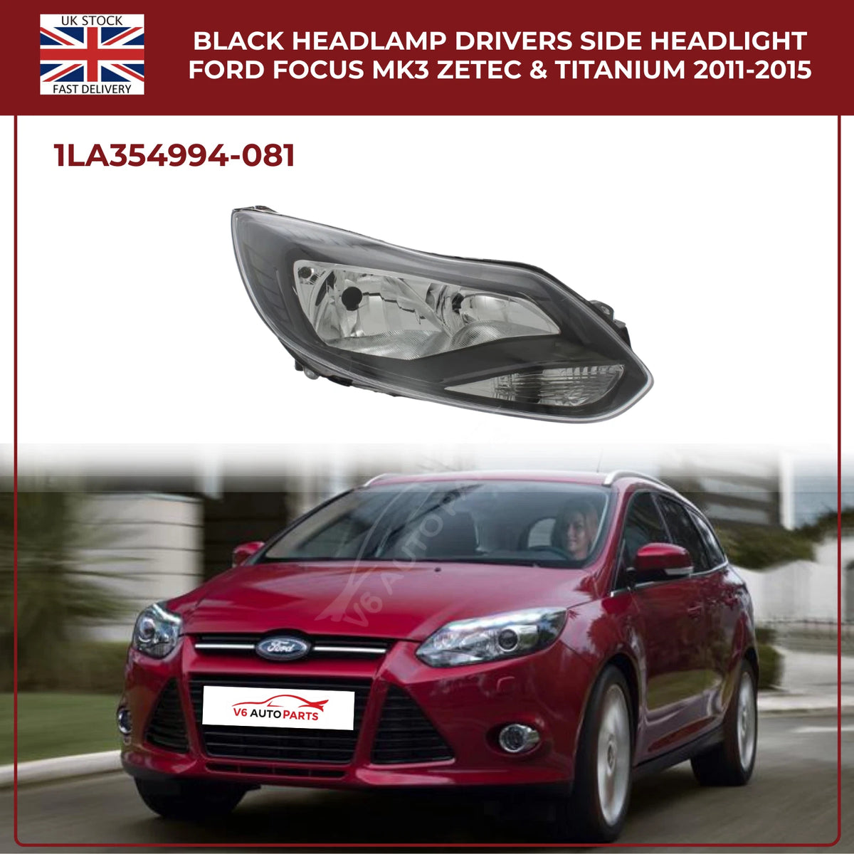 Ford Focus Mk3 Headlight Black Halogen Assembly (Driver Side, Zetec & Titanium 2011–2015)