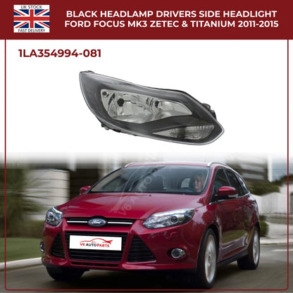 Ford Focus Mk3 Headlight Black Halogen Assembly (Driver Side, Zetec & Titanium 2011–2015)