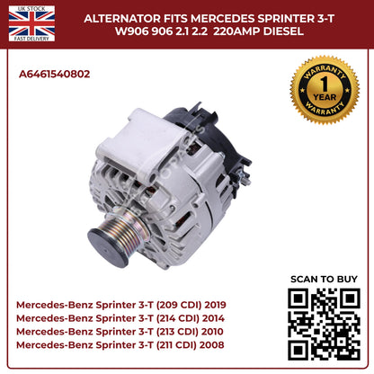 220AMP Alternator Fits Mercedes-Benz Sprinter W906 (2006–2018) 2.1L / 2.2L Diesel – OEM A6461540802 Replacement