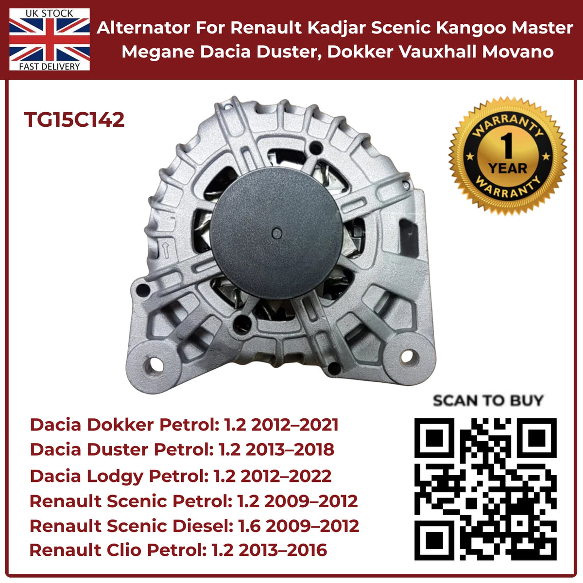 Alternator For Renault Kadjar Scenic Kangoo Master Megane Dacia Duster 1.2 Petrol 2013–2018