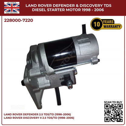 Land Rover Td5 Starter Motor 228000‑7220 | Defender & Discovery 2.5 Diesel 1998‑2006