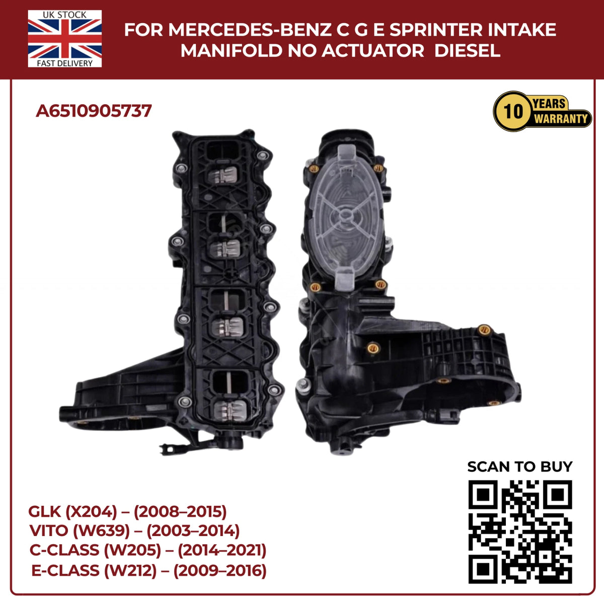 Mercedes-Benz Diesel Intake Manifold (No Actuator) – C, G, E-Class & Sprinter – OEM A6510905737