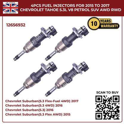4x High-Flow Fuel Injectors For Chevrolet Tahoe 2015–2017 5.3L V8 Petrol SUV AWD/RWD | OEM Direct-Fit Replacement