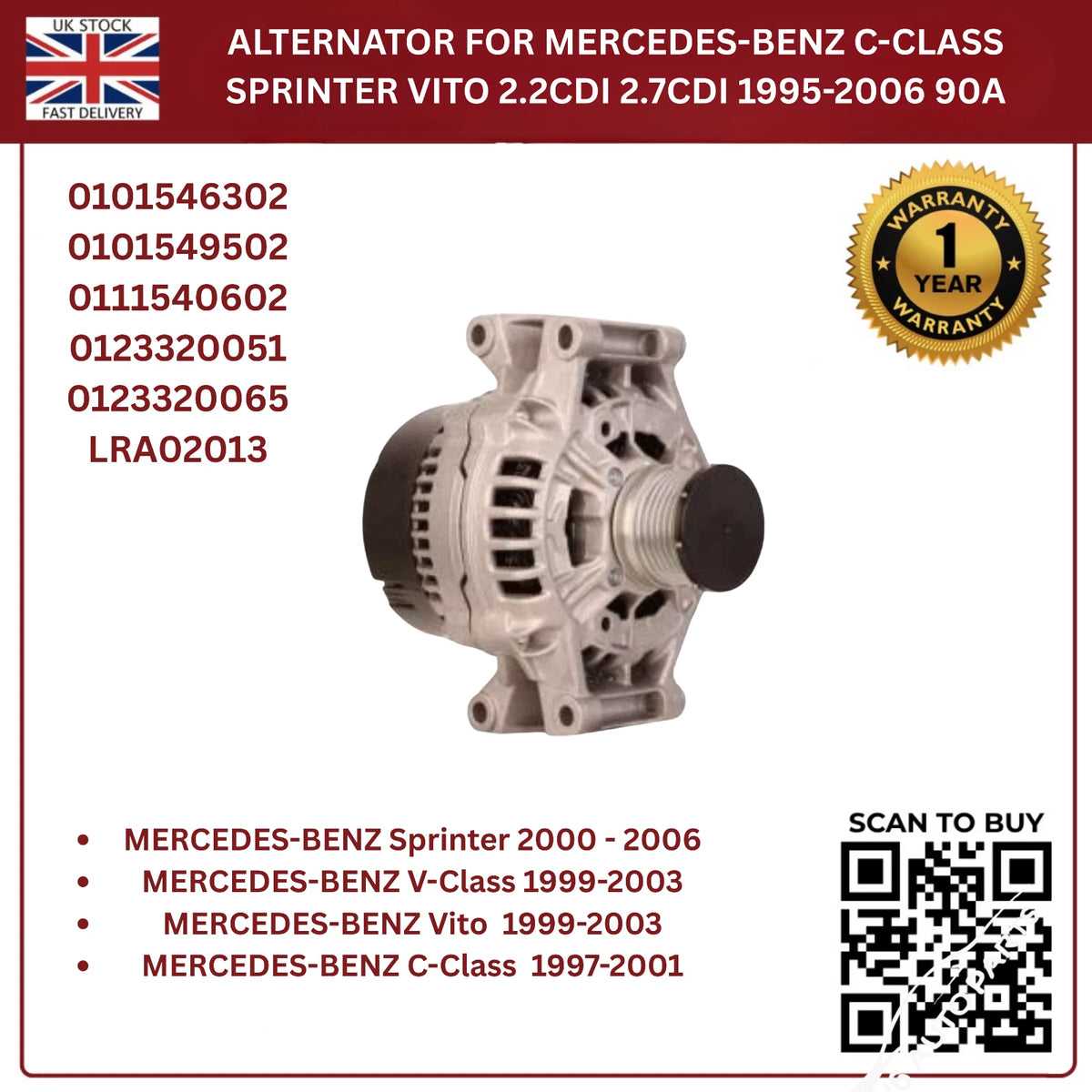 Alternator 90AMP – Mercedes-Benz C-Class, V-Class, Sprinter, Vito (OE 0101546302)