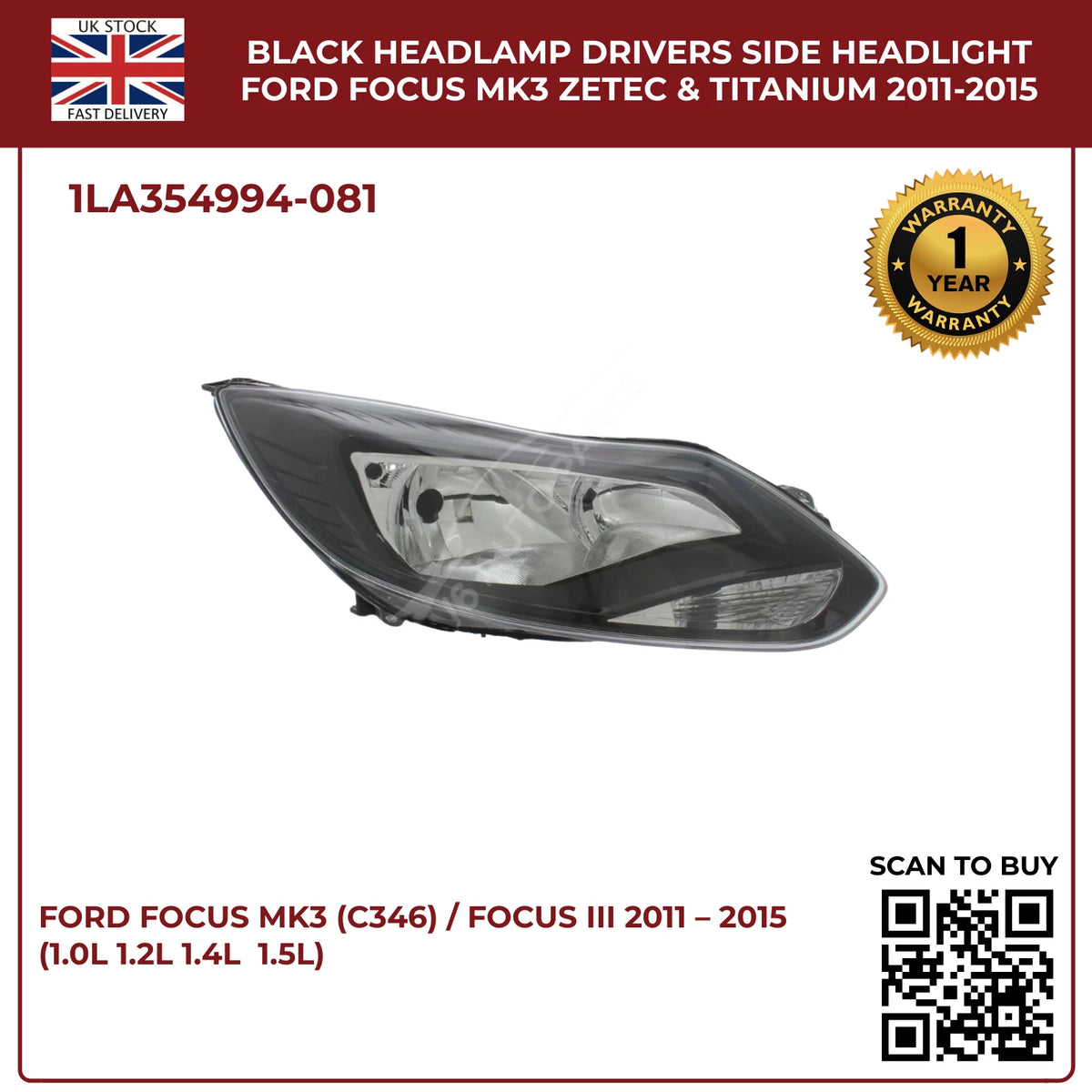 Ford Focus Mk3 Headlight Black Halogen Assembly (Driver Side, Zetec & Titanium 2011–2015)