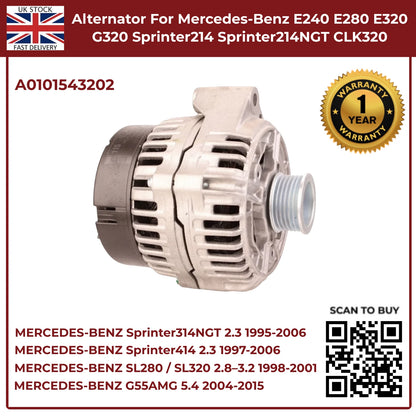 Mercedes-Benz Alternator A0101543202 – Fits E240, E280, E320, G320 (2.4 / 2.6 / 3.2 Petrol, 1995–2002)