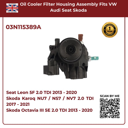 Oil Cooler Filter Housing Assembly | Fits VW, Audi, Seat, Skoda 1.6 & 2.0 TDI (2013–2020) | OE 03N115389A Replacement