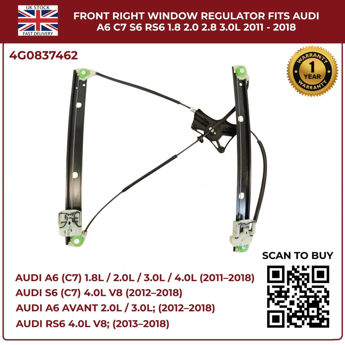 Front Right Electric Window Regulator – Audi A6 C7 / S6 / RS6 (2011–2018) – Fits 1.8L, 2.0L, 2.8L, 3.0L Engines