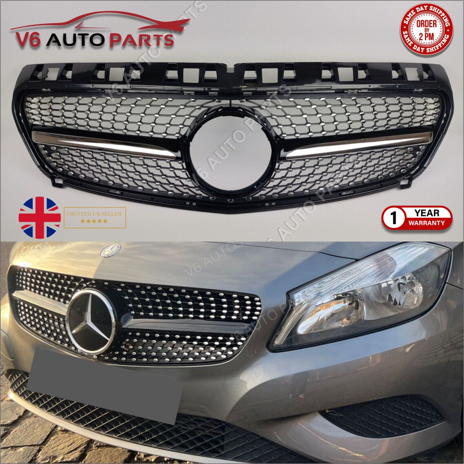 For Mercedes A-Class W176 A180 A200 A45 Front Bumper Grille AMG Style Black On Chrom Fin 2012-2015