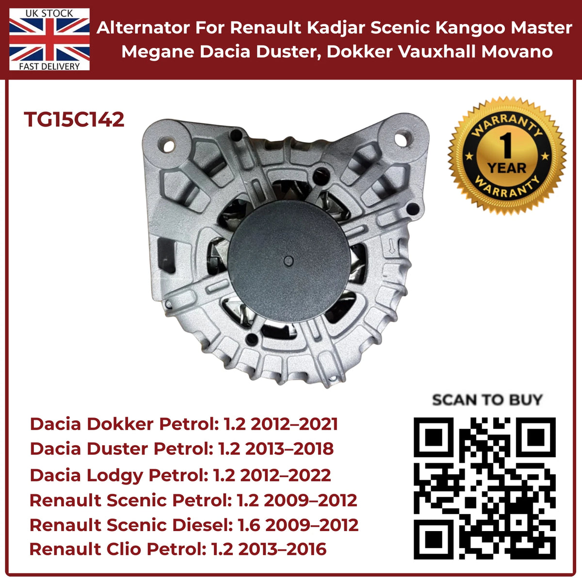 Alternator For Renault Kadjar Scenic Kangoo Master Megane Dacia Duster 1.2 Petrol 2013–2018