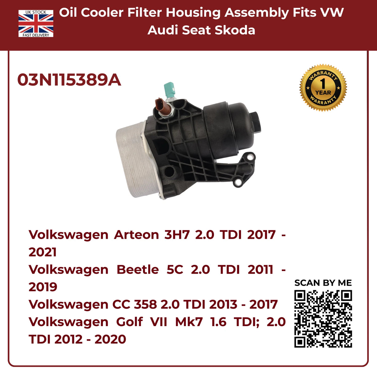 Oil Cooler Filter Housing Assembly | Fits VW, Audi, Seat, Skoda 1.6 & 2.0 TDI (2013–2020) | OE 03N115389A Replacement