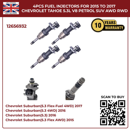 4x High-Flow Fuel Injectors For Chevrolet Tahoe 2015–2017 5.3L V8 Petrol SUV AWD/RWD | OEM Direct-Fit Replacement