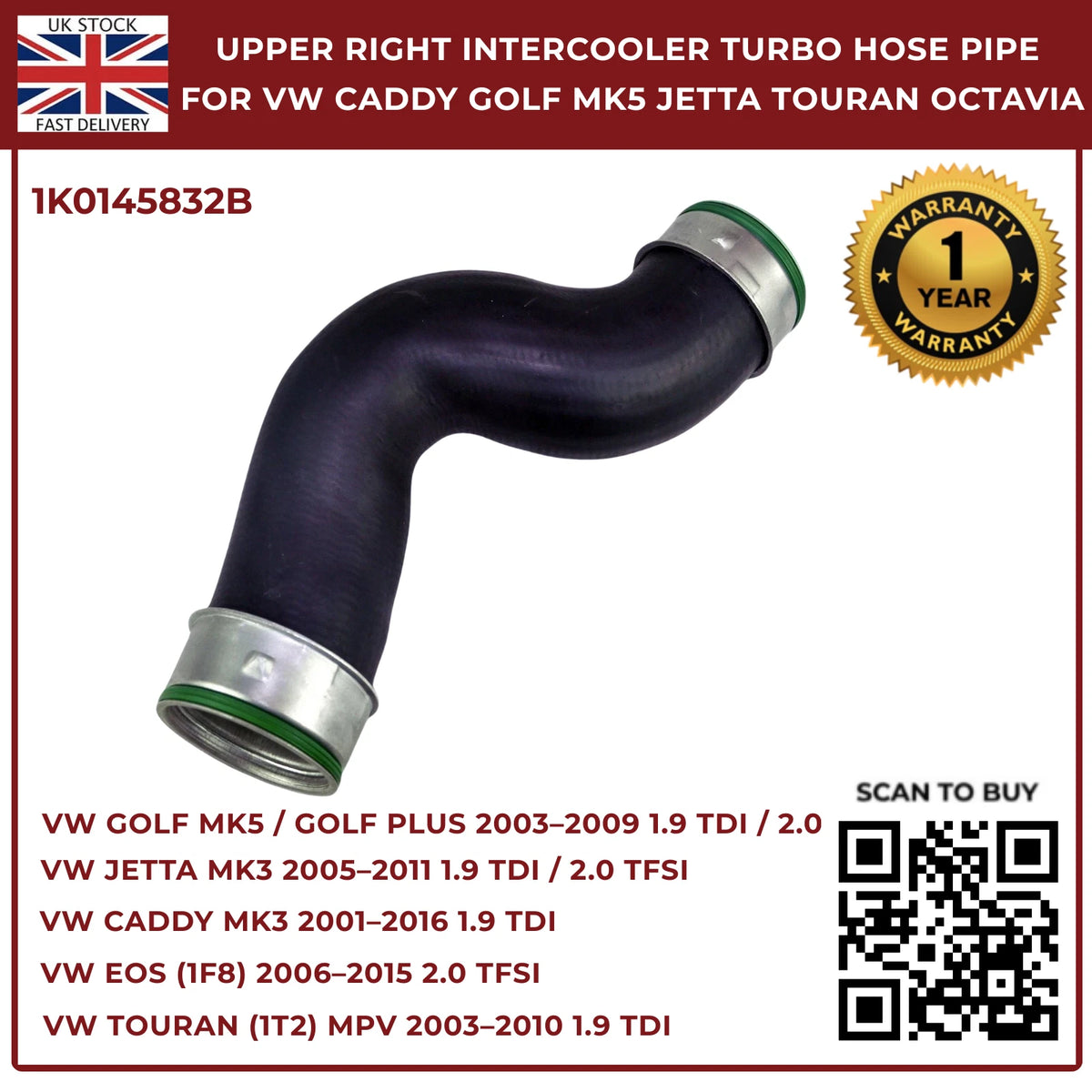 Image of 1K0145832B turbo boost hose for VW Touran and Jetta