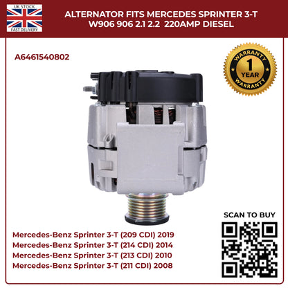220AMP Alternator Fits Mercedes-Benz Sprinter W906 (2006–2018) 2.1L / 2.2L Diesel – OEM A6461540802 Replacement