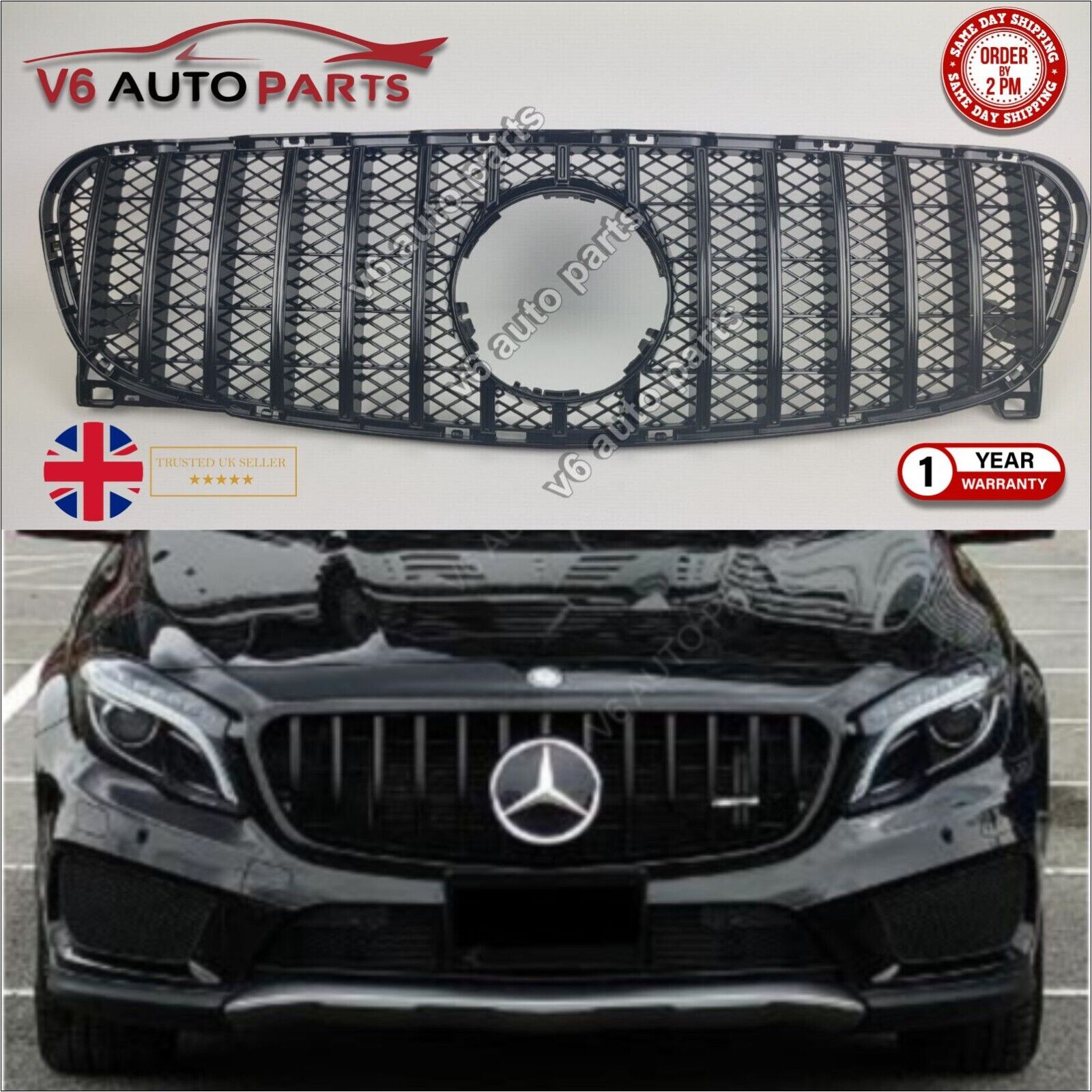 For Mercedes GLA-Class X156 GLA45 AMG Front Radiator GT Glossy Black Grille Honeycomb 2013-17