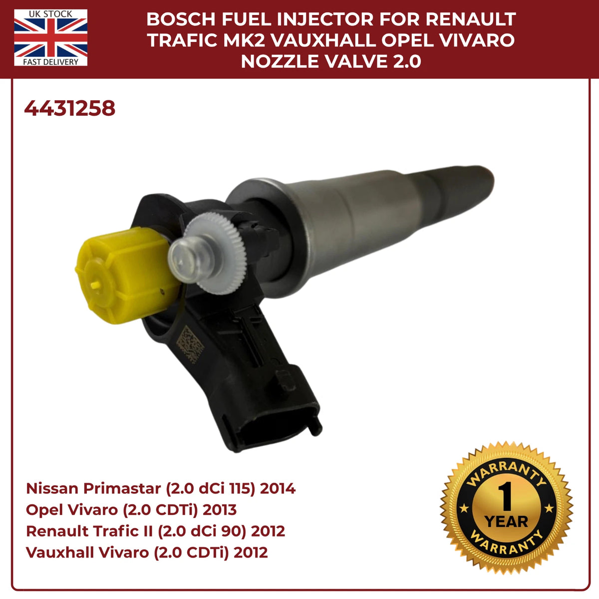 Image of replacement Bosch diesel injector 4431258 for Vauxhall Opel Vivaro