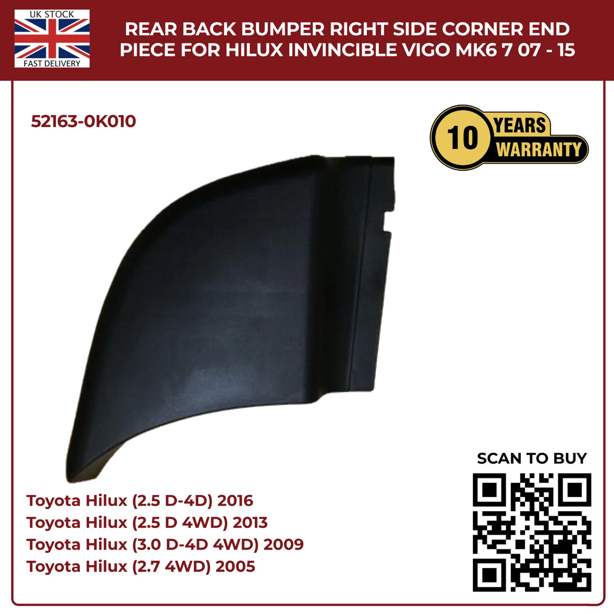 Toyota Hilux Vigo Invincible MK6 MK7 (2007–2015) Rear Bumper Right Side Corner End Piece