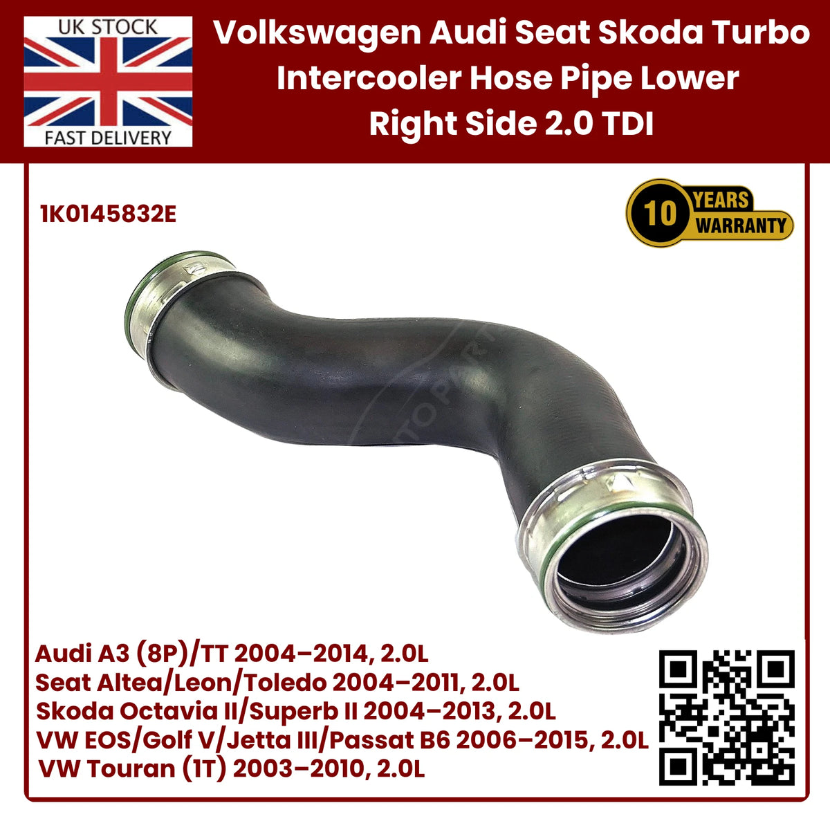 image of Seat 2.0 TDI lower right turbo hose 1K0145832E