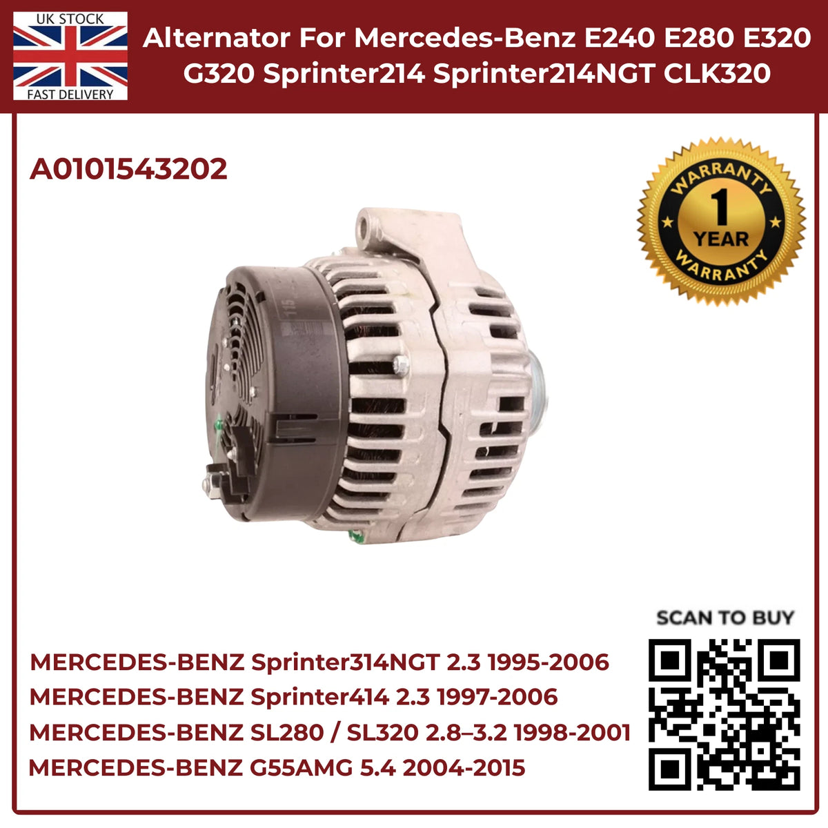 Mercedes-Benz Alternator A0101543202 – Fits E240, E280, E320, G320 (2.4 / 2.6 / 3.2 Petrol, 1995–2002)