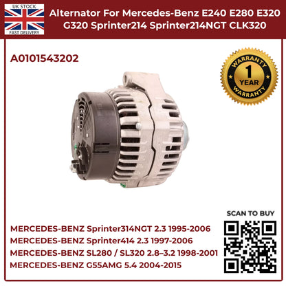 Mercedes-Benz Alternator A0101543202 – Fits E240, E280, E320, G320 (2.4 / 2.6 / 3.2 Petrol, 1995–2002)