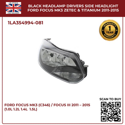 Ford Focus Mk3 Headlight Black Halogen Assembly (Driver Side, Zetec & Titanium 2011–2015)