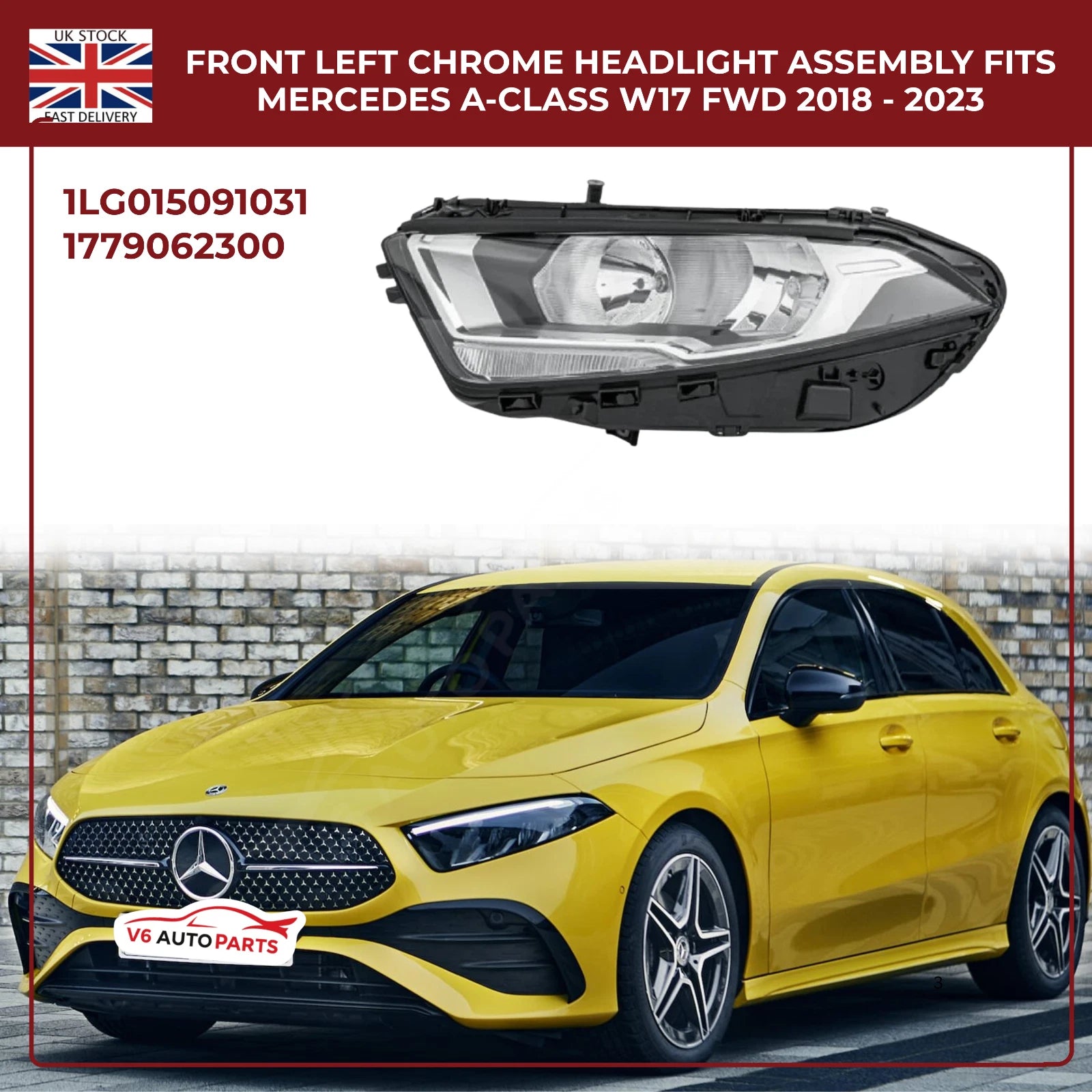 Mercedes A‑Class W177 Headlight 2018‑2023 (Halogen, Passenger Front Left, Chrome Housing)
