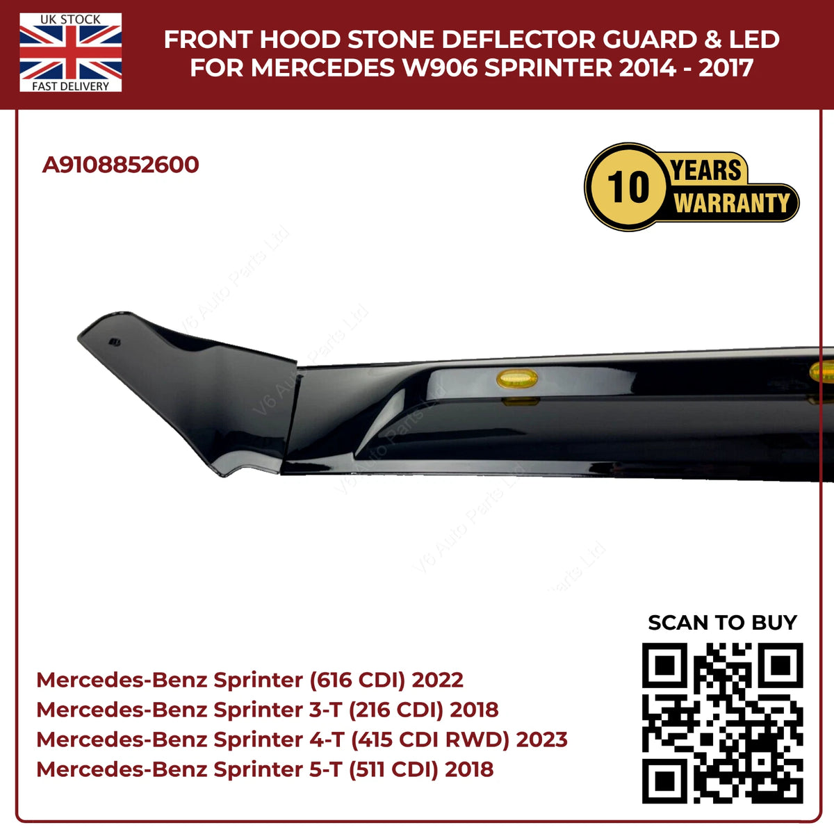 Mercedes Sprinter W906 2014–2018 Bonnet Hood Black Stone Deflector Guard With LED