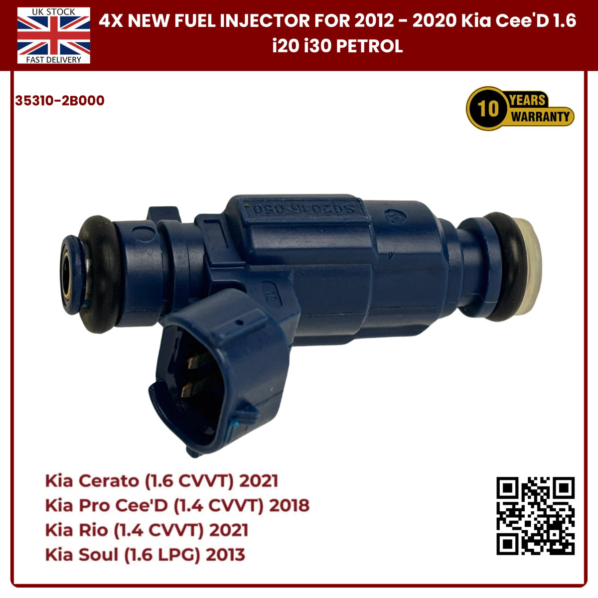 4x Fuel Injector 35310-2B000 | Fits Kia Cee’D, i20, i30 (2012–2020) 1.6 Petrol | OE Replacement
