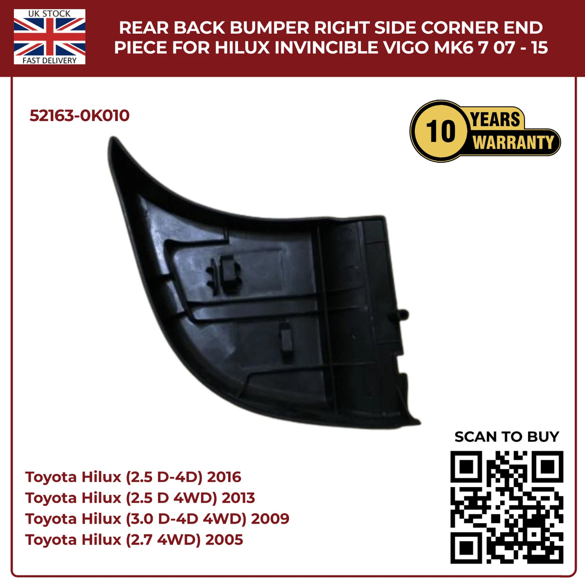Toyota Hilux Vigo Invincible MK6 MK7 (2007–2015) Rear Bumper Right Side Corner End Piece