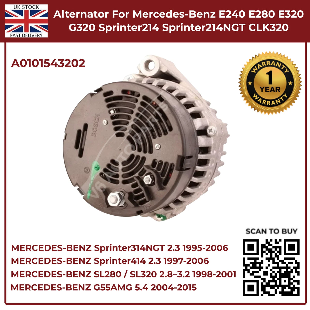 Mercedes-Benz Alternator A0101543202 – Fits E240, E280, E320, G320 (2.4 / 2.6 / 3.2 Petrol, 1995–2002)