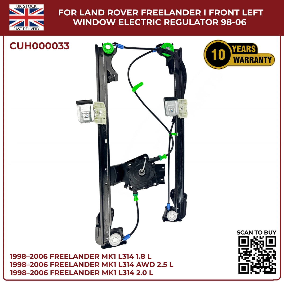 Land Rover Freelander Mk1 Front Left Window Regulator 1998–2006 CUH000033