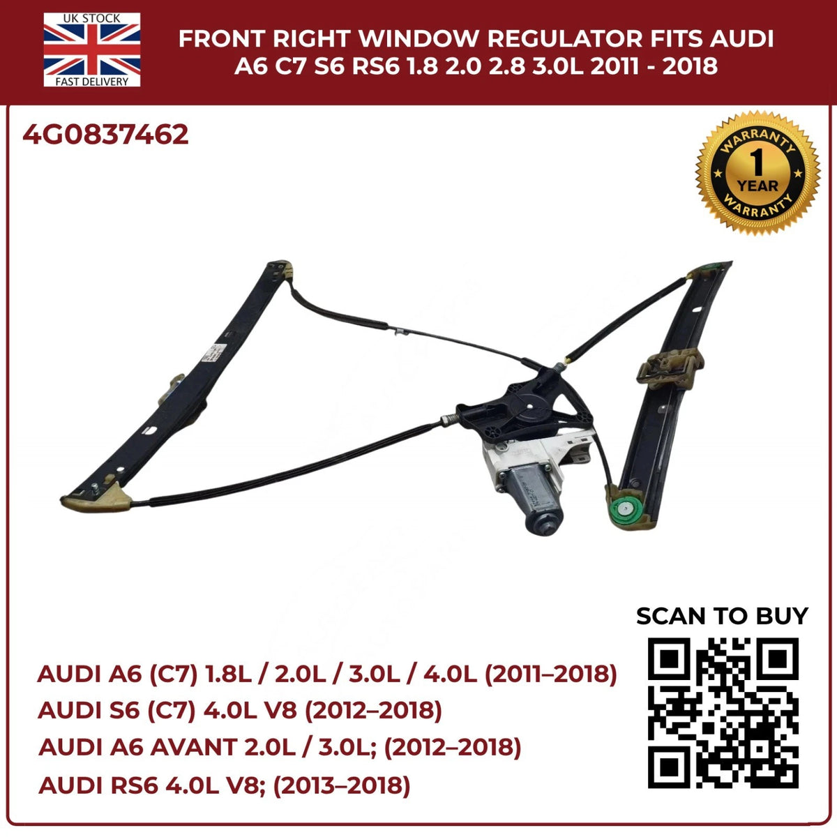 Front Right Electric Window Regulator – Audi A6 C7 / S6 / RS6 (2011–2018) – Fits 1.8L, 2.0L, 2.8L, 3.0L Engines